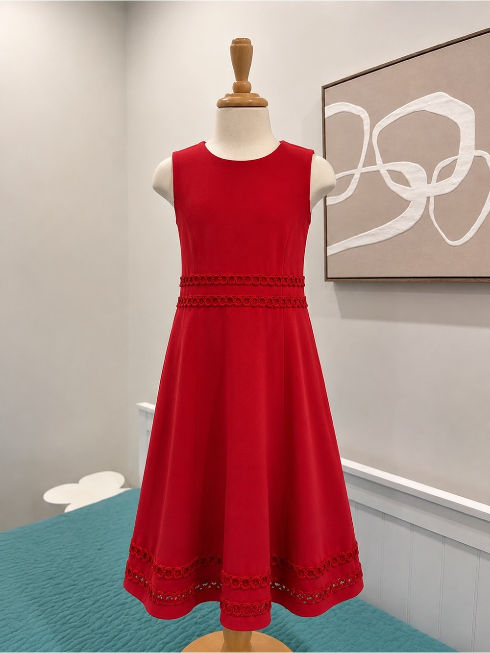 Calvin Klein Red Sleeveless Lace-Trim A-Line Dresss Sise 8